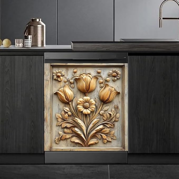Rustic Wood Farmhouse Scene Floral Magnetic Dishwasher Cover Vinyl Sticker,Vintage Wooden Dishwasher Magnet Cover,Fridge Door Cover Magnets Art Skin Panel Decal for Home Decor, 23"X26"
