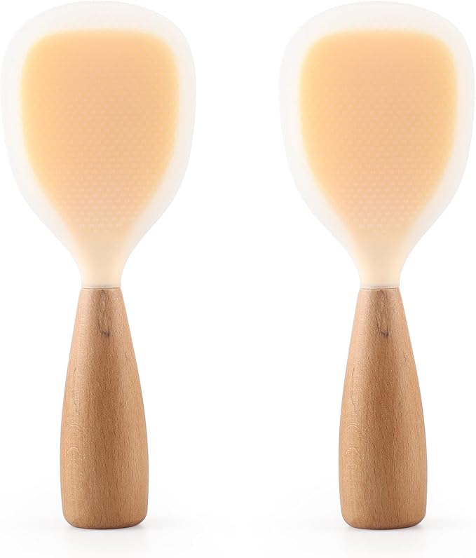2 Pack Silicone Rice Paddle Spoon with Wood Handle, Nonstick Standing Rice Cooker Spatula Kitchen Tool, Clear