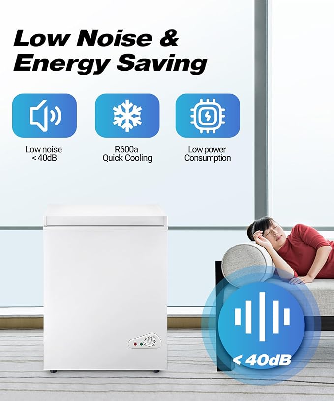 Chest Freezer, Deep Freezer 5 Cubic Feet with Removable Baskets & 6 Adjustable Temperature & Top Open Door, White Mini Deep Freezer Compact Freezer Suitable for Apartments(Down to -18°F)