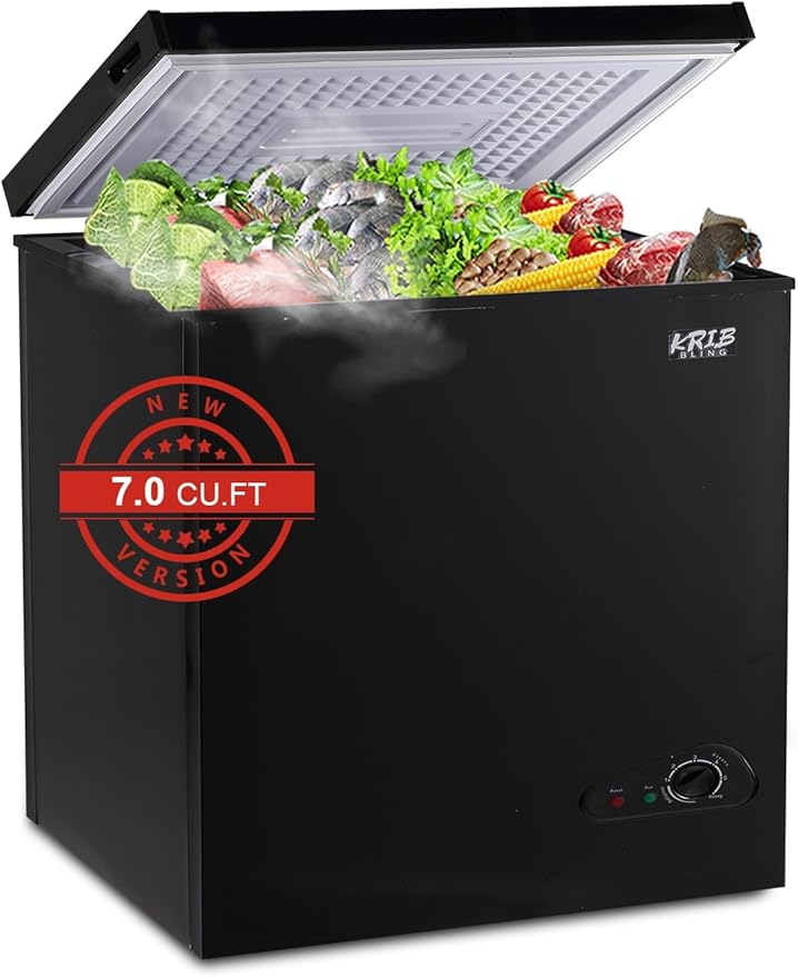 Chest Freezer 7.0 cu.ft Mini Adjustable 7 Thermostat Compact Deep Freezer Top Door Low Noise with Removable Basket Black