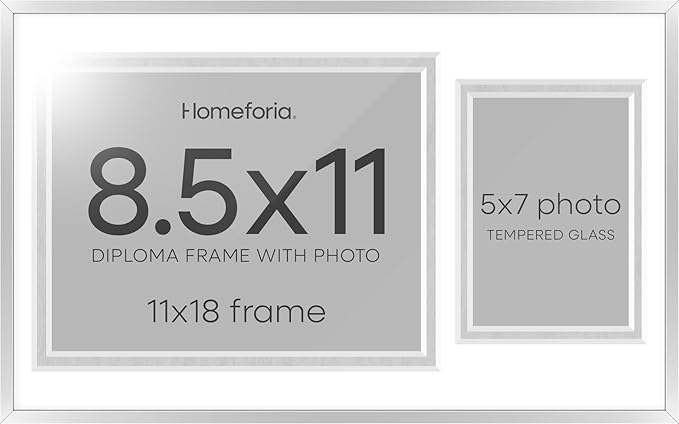 Homeforia 11x18 Silver Diploma Frame with Photo, High End Metal 11 x 18 Certificate Frame with Mat for 8.5x11 Diploma and 5x7 Picture, 18x11 Award Graduation Frames, Tempered Glass, Wall Kit, Set of 1