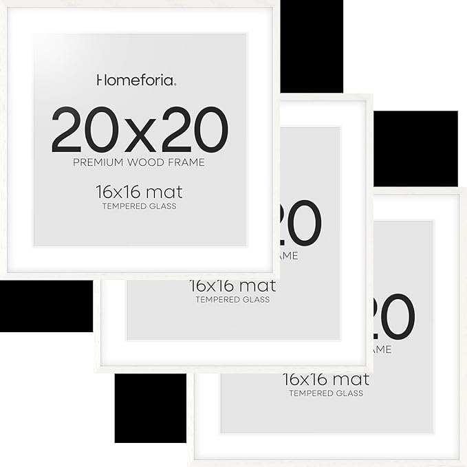 Homeforia 20x20 White Picture Frame, High End Oak 20 x 20 Square Wood Frames with Mat 16 by 16 inches Photo, 20by20 White Wooden Poster Frames Matted to 16x16 Print, Tempered Glass, Wall Kit, Set of 3