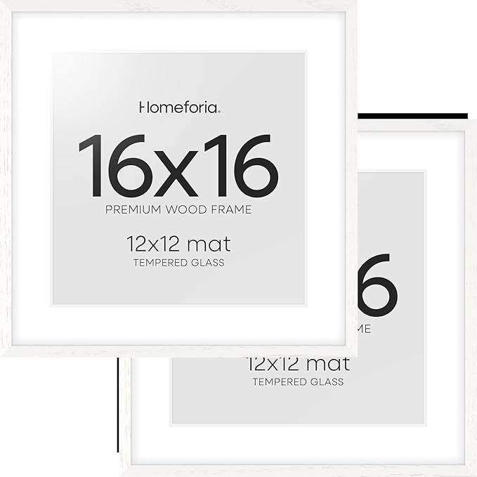 Homeforia 16x16 White Picture Frame, High End Oak 16 x 16 Square Wood Frames with Mat 12 by 12 inches Photo, 16by16 White Wooden Poster Frames Matted to 12x12 Print, Tempered Glass, Wall Kit, Set of 2