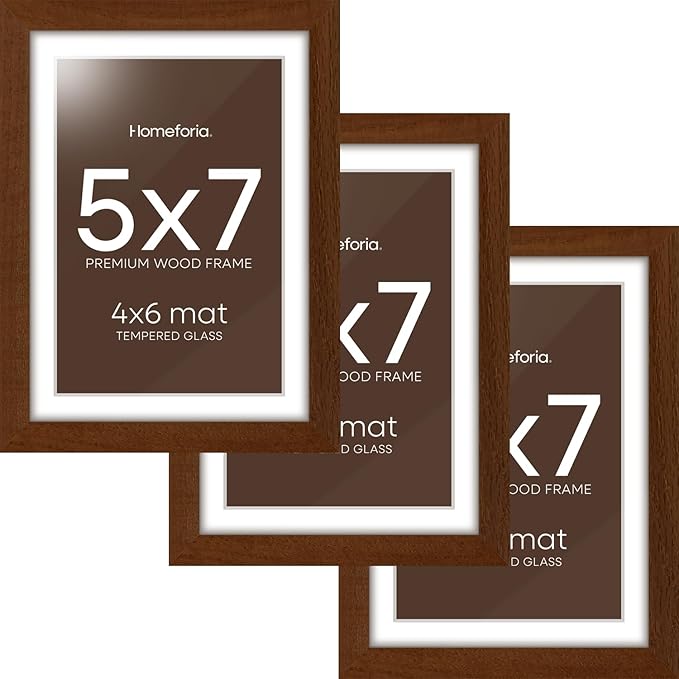 Homeforia 5x7 Brown Picture Frame, High End Dark Oak 5x7 Wooden Frames with Mat 4x6 Photo, 5 x 7 Walnut Wood Frame Matted to 4 x 6 Print, 7x5 Wall or Tabletop Frame, Tempered Glass, Wall Kit, Set of 3