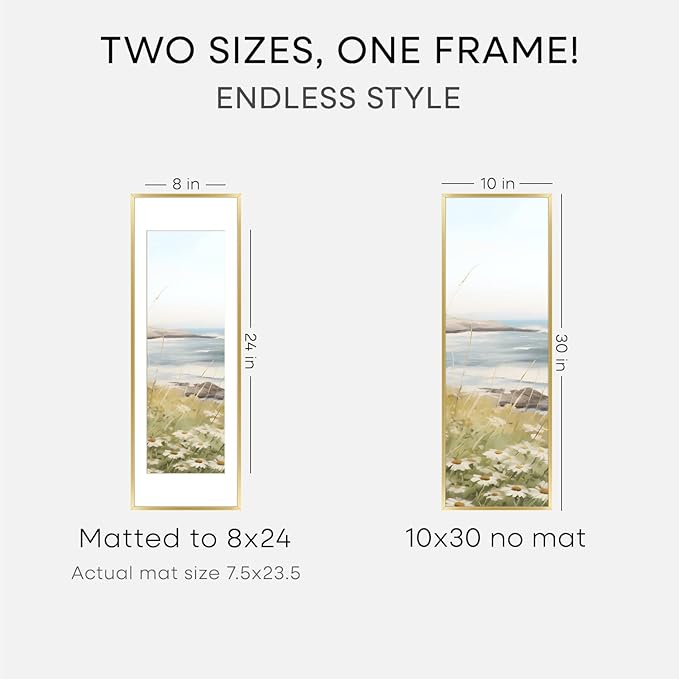 Homeforia 10x30 Picture Frame Gold, High End Metal 10x30 Poster Frames with Mat 8x24 inch Photo, 10 x 30 Gold Frames Matted to 8 by 24 Print, 30x10 Panoramic Frames, Tempered Glass, Wall Kit, Set of 2