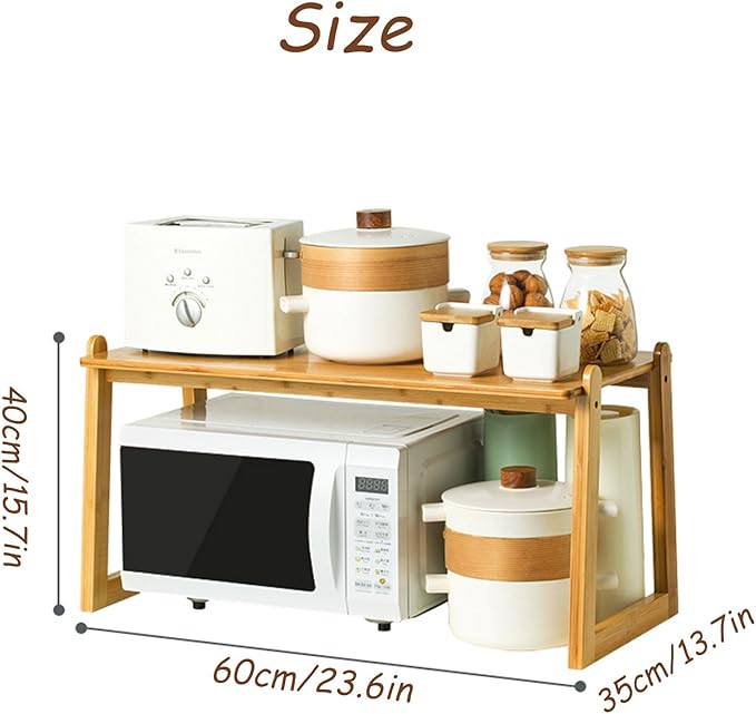 2 Tier Wooden Microwave Stand - Countertop Rack for Microwave Oven, Toaster, and Kitchen Appliances - Ideal for Condiments and Storage Solutions