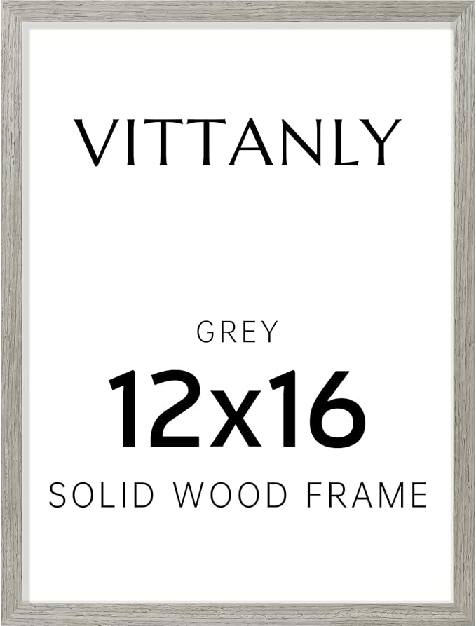 Vittanly 12x16 Picture Frame, Solid Wood Frame with Plexiglass, Includes 8.5x11 Mat, Wall Hanging for Photos, Home Decor, Grey, 1 Pack