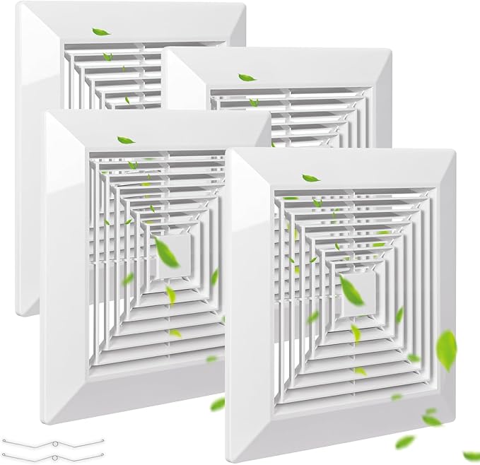 White (4 Piece 12" x12"Inch） Bathroom Exhaust Fan Cover with Spring, Square Ceiling or Wall Mounted Exhaust Fan, Ceiling Fan, Grille, Air Diffuser, Diverter Ventilation Hood, Replacement Accessories