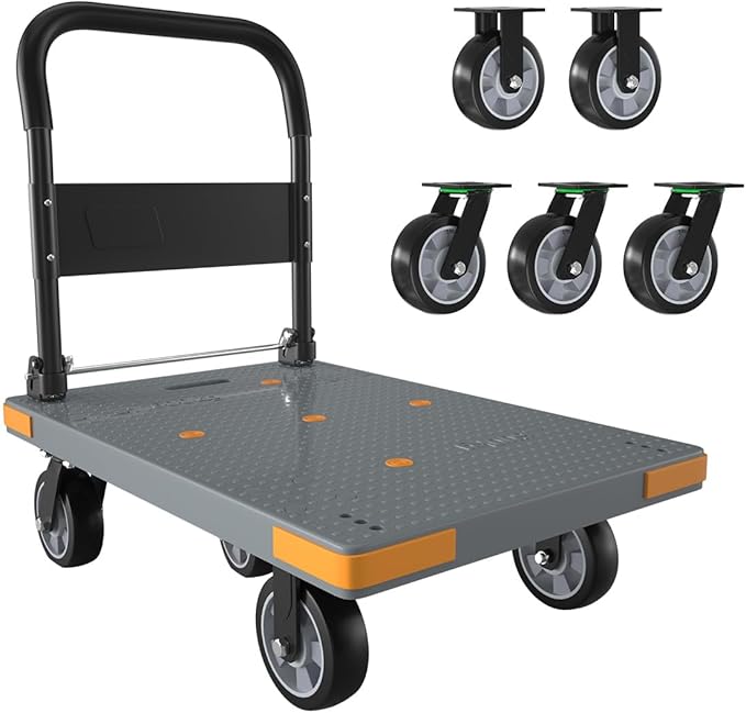 WUD Push Cart, Folding Mobile Platform Trolley,Thickened and Reinforced, 360° Swivel Wheels,35.4 “L x 23.6 ”W, 1323 lb.Grey Dolly cart with Wheels