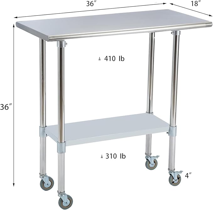 Stainless Steel Work Table 36“L x18 D, NSF Commercial Food Prep Worktable with Adjustable Undershelf and Casters for Restaurant, Home and Outdoors (36“L x18 D)