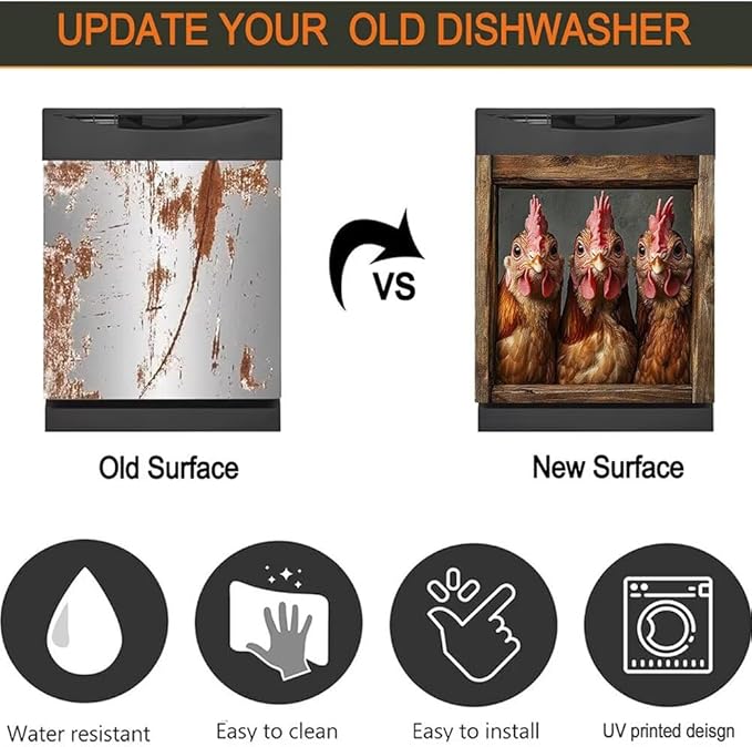 Country Rooster Dishwasher Magnet Cover, Farm Hen Dishwasher Cover for Kitchen Decoration, Chicken Magnetic Refrigerator Magnet Cover Funny Fridge Decal, 23"X17"