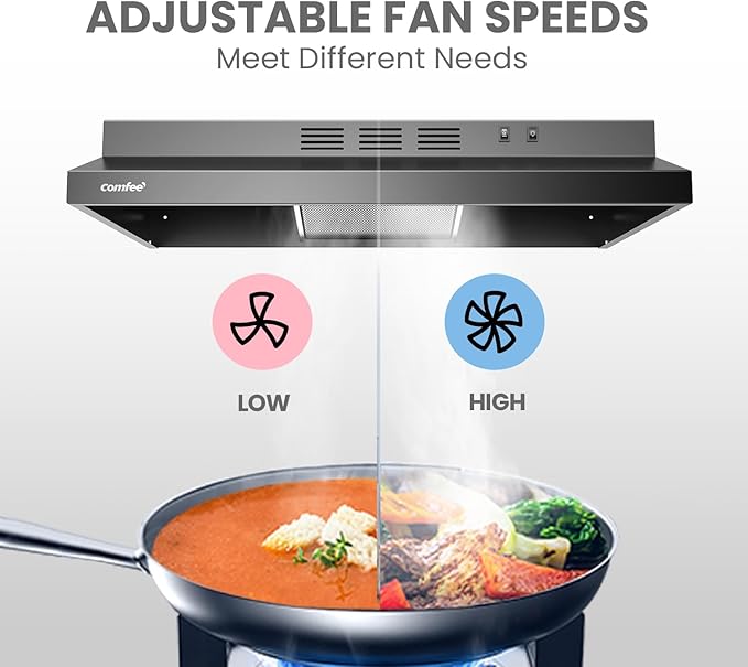 Comfee' Range Hood 30 Inch Ducted Ductless Vent Hood Durable Stainless Steel Kitchen Hood for Under Cabinet with 2 Reusable Filter, 200 CFM, 2 Speed Exhaust Fan