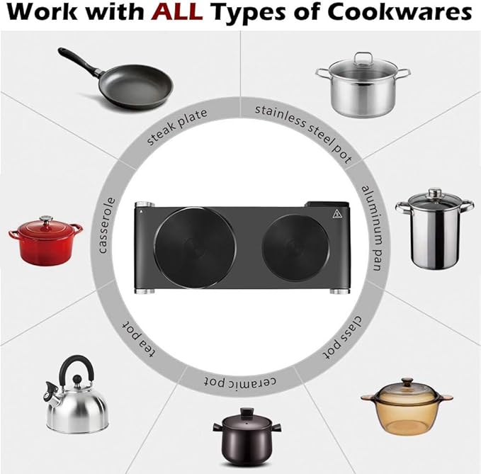 CUSIMAX Double Hot Plates Electric Burner, 1800W Countertop Cooktop with Adjustable Temperature Control, Hot Plates for Cooking Portable Electric Stove, Black Stainless Steel Cooktop, Upgraded Version