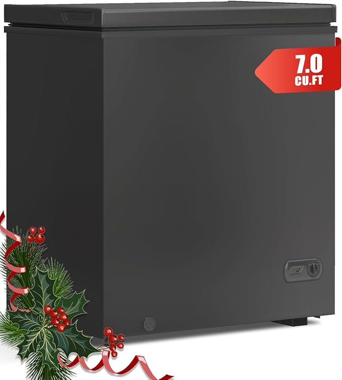 TABU 7.0 Cubic Feet Chest Freezer, Energy Saving Chest Deep Freezer with 7 Level Adjustable Thermostat, Top Opening Compact Freezer with Removable Storage Basket (Black)