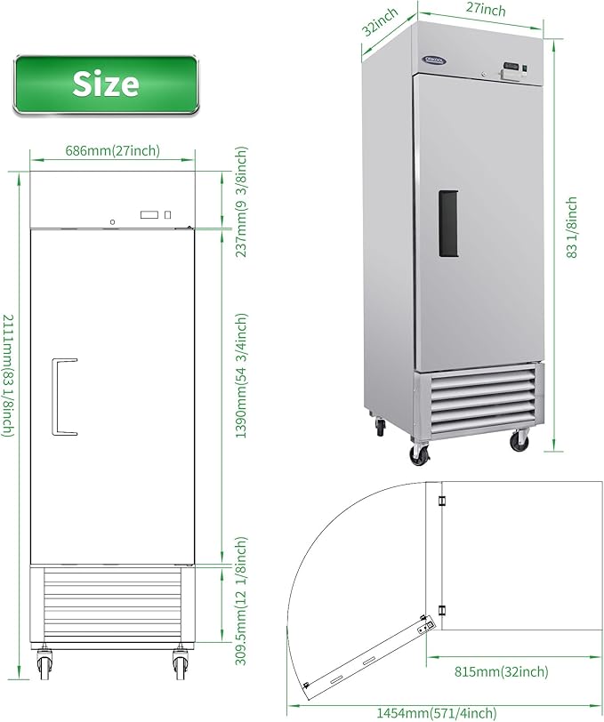 mikibama 27"W Commercial Freezer with Single Solid Door 23 Cu.ft Reach-In Freezers Stainless Steel ETL Approved Upright Freeze Storage for Restaurant, Temperature Control -10℉~10℉, LED Light