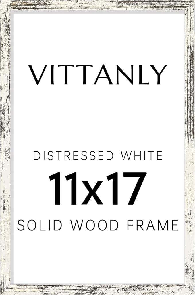 Vittanly 11x17 Picture Frame, Solid Wood Frame with Plexiglass, Includes 8x12 Mat, Wall Hanging for Photos, Home Decor, Distressed White, 1 Pack