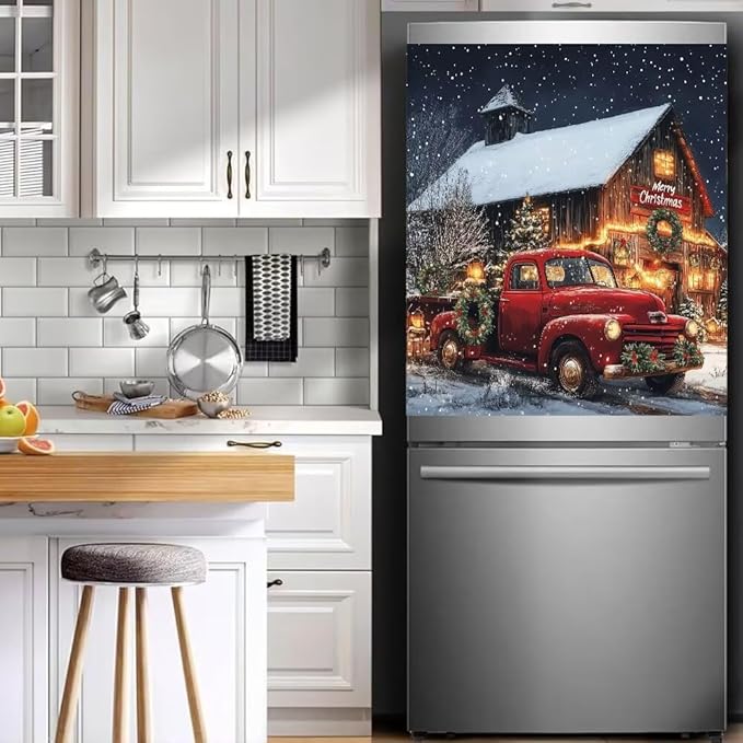 Christmas Red Truck with Barn Scene Magnetic Dishwasher Cover Vinyl Sticker,Vintage Barn Dishwasher Magnet Cover, Xmas Fridge Door Cover Magnets Art Skin Panel Decal for Home Decor, 23"X26"