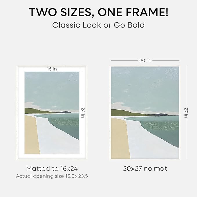 Homeforia 20x27 White Picture Frame, High End Oak 20x27 White Wooden Poster Frames with Mat 16x24 for Print, 20 x 27 Wood Frame Matted to 16 x 24 Photo, 27x20 Frame, Tempered Glass, Wall Kit, Set of 2