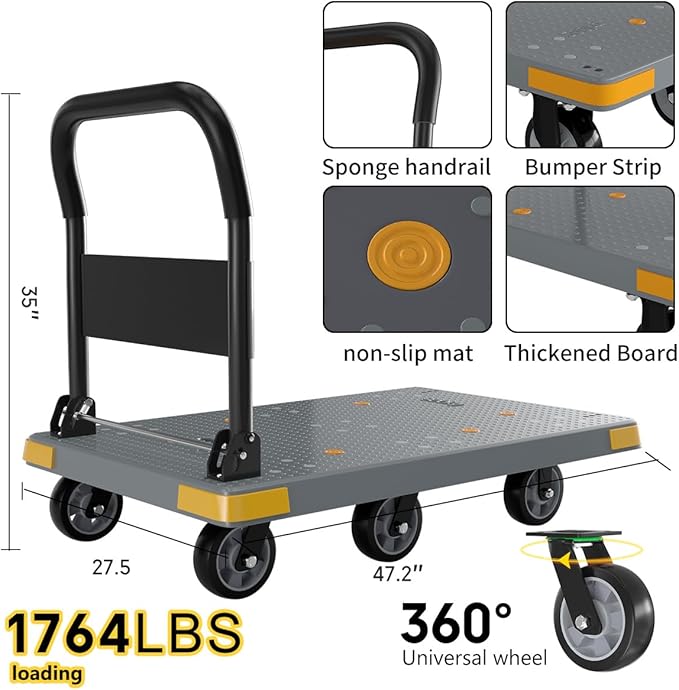 WUD Push Cart, Folding Mobile Platform Trolley,Thickened and Reinforced, 360° Swivel Wheels,47.2 “L x 27.5 ”W, 1764 lb,Gray