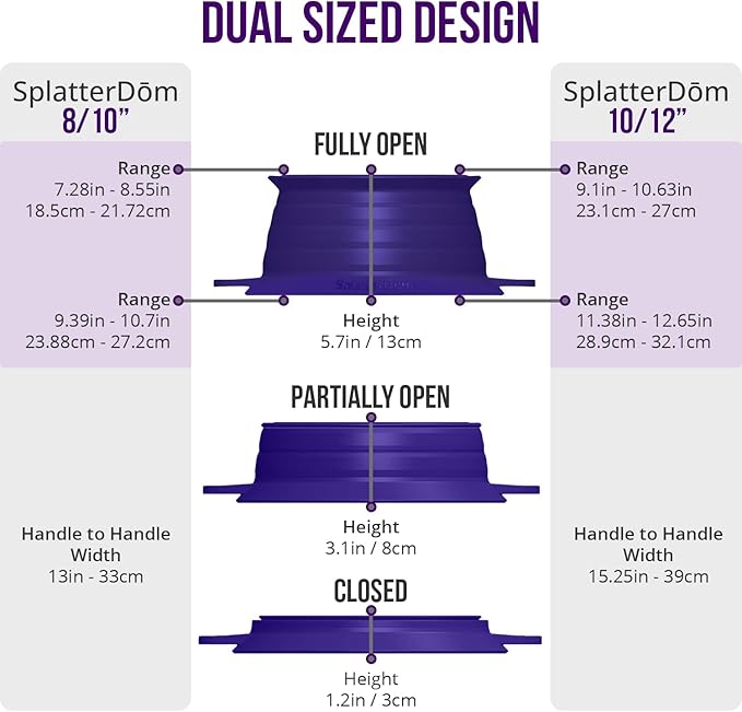L.I.Q Silicone Splatter Guard – Fits 10 and 12 Inch Pots (25 and 30 Centimeters) – Microwave Safe and Durable SplatterDom - Includes 10” Lid - Food and Oil Splash Guard (Violet, Large)