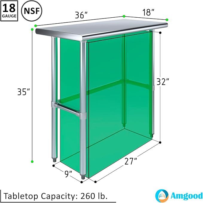 AmGood Stainless Steel Work Table Open Base | NSF Kitchen Island Food Prep | Laundry Garage Utility Bench (36" Long X 18" Deep)