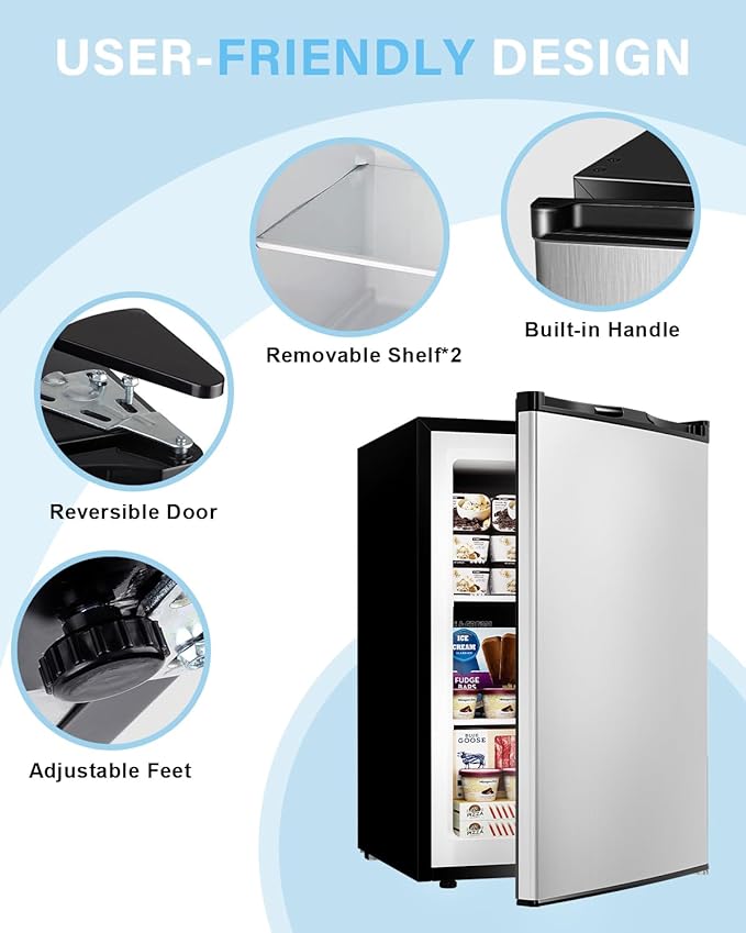3.0 Cu.ft Upright freezer - Compact Mini Freezer with 7 Adjustable Thermostat, Removable Shelves, Reversible Single Door, 360°Uniform Cooling Small freezer for Home Office Dorm, Silver