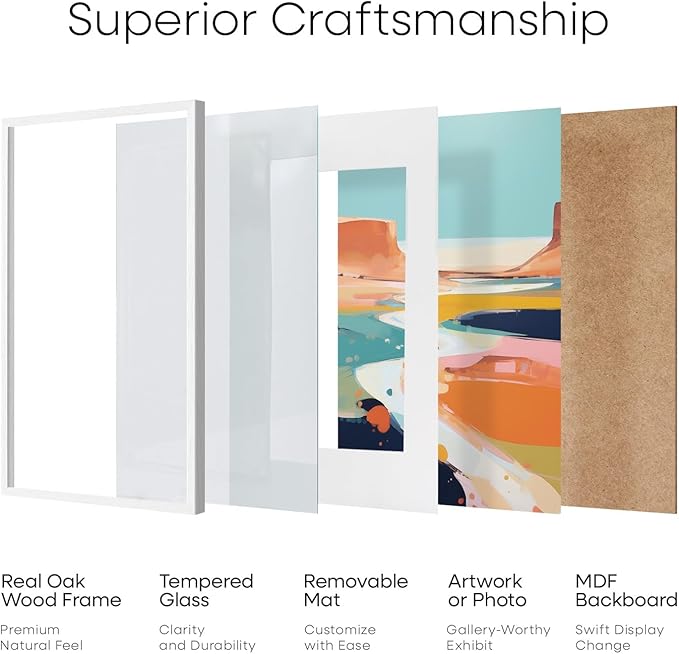 Homeforia 16x16 White Picture Frame, High End Oak 16 x 16 Square Wood Frames with Mat 12 by 12 inches Photo, 16by16 White Wooden Poster Frames Matted to 12x12 Print, Tempered Glass, Wall Kit, Set of 3