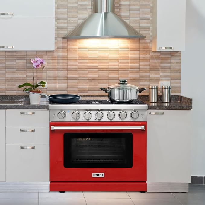 KOSTCH 36 inch Professional Freestanding Pro-Style Natural Gas Range or Liquid Propane Gas Range with 6 Burners, 6.0 cu.ft. Oven Capacity, in Stainless Steel - KOS-36RG03M (Red)