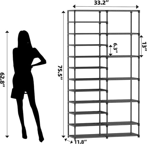 12 Tier Shoe Rack Tall, Metal Shoe Rack Organizer, Large Capacity Holds 34-50 Pairs, Boot Rack Organizer for Entryway, Closet, Garage, Black
