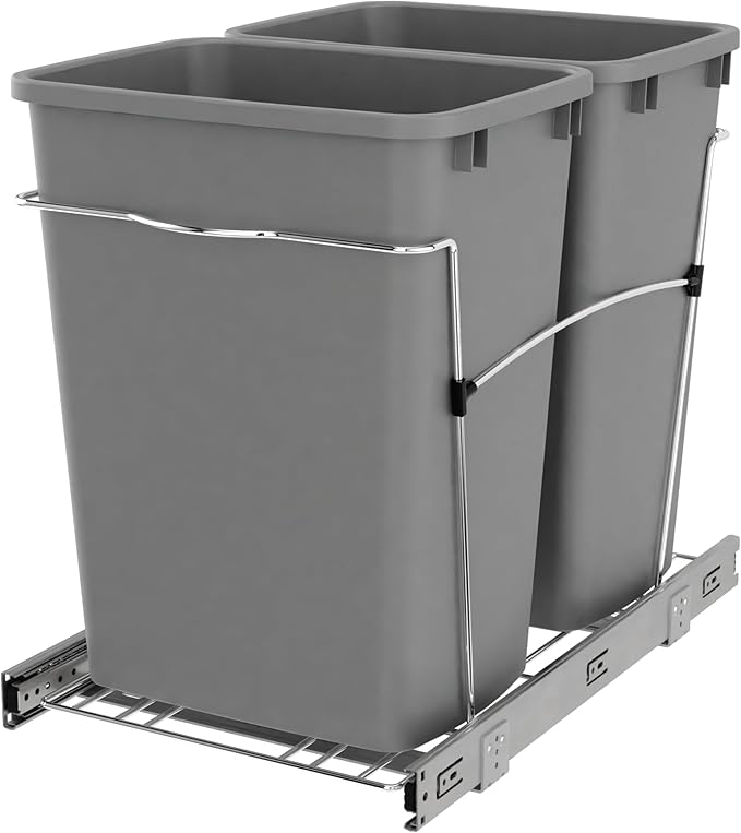 Rev-A-Shelf Double Pullout Trash Can for Kitchen Cabinets 35 Qt Garbage Recycling Bin on Full-Extension Slides, Silver, RV-18KD-17C S