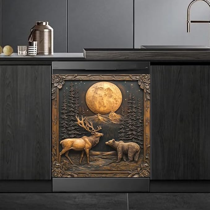 Elk Bear Moon Forest Scene Magnetic Dishwasher Cover Vinyl Sticker, Bronze Black Dishwasher Magnet Cover, Rustic Fridge Barn Door Cover Magnets Art Skin Panel Decal for Home Decor, 23"X26"