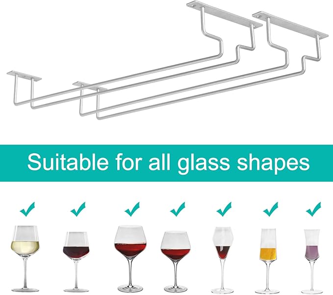 MOCOUM 2 Pack 15.6" Wine Glass Rack - Under Cabinet Stemware Rack, Holds Up To 10 Glasses (Silver, 2 Pack)