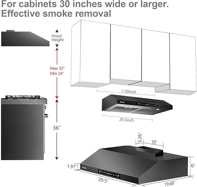 HisoHu 30 Inch Under Ducted Cabinet Range Hood with 1200 CFM, 4 Speed Gesture Sensing Kitchen Exhaust Hood & Touch Control Panel, Stainless Steel Stove Vent Hood with 2 LED Lights（Black）