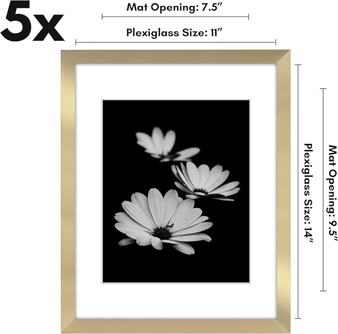 Americanflat 11x14 Picture Frame with Polished Plexiglass - Set of 5 - Use as 8x10 Frame with Mat or Display 11x14 Photo Without Mat - Galleria Collection - Picture Frames for Wall Display - Gold