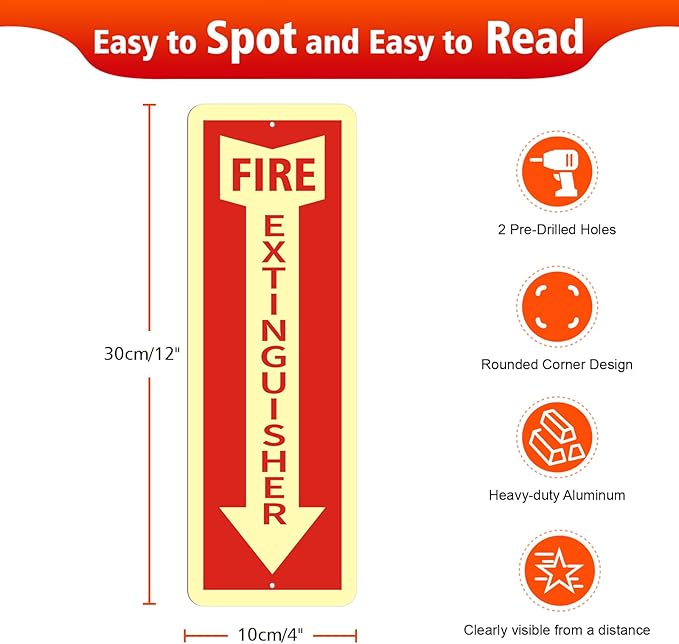 Fire Extinguisher Sign,2 Pack Reflective Fire Extinguisher Signs for Business,4 x12 Inch Aluminum Metal Safety Signs,Glow in the Dark,Weather Proof, Easy to Install,Indoor Outdoor Use