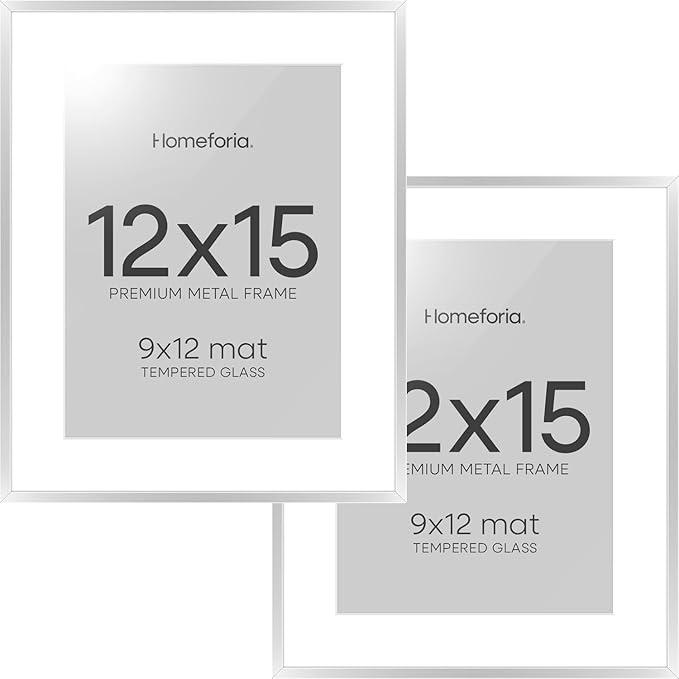 Homeforia 12 x 15 Picture Frame Silver, High End Metal 12x15 Poster Frames with Mat 9x12 Photo, 12 x 15 Silver Frame Matted to 9 x 12 in Print, 15by12 Hanging Frame, Tempered Glass, Wall Kit, Set of 2