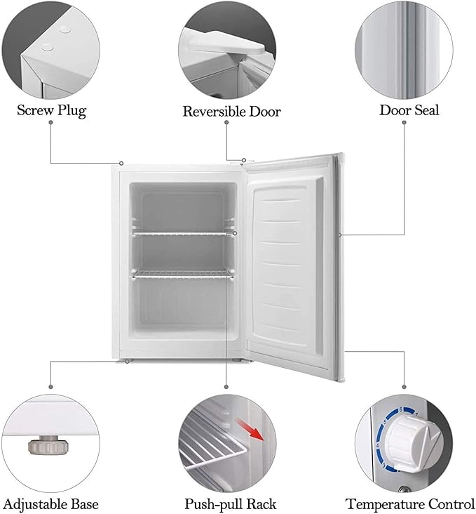 Antarctic Star 2.1 Cu.Ft Upright Freezer, Ultra-Compact Mini Freezer with Reversible Door, 7-Temp Control, Removable Shelves, Stainless Steel for Dorm, Home, Office, White