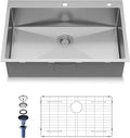 30-Inch Drop in Kitchen Sink Handmade Topmount 16 Gauge 304 Stainless Steel Single Bowl Kitchen Workstation Sink in 10-inch-Depth 30"x22"x10"