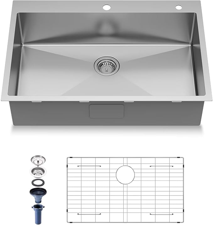 30-Inch Drop in Kitchen Sink Handmade Topmount 16 Gauge 304 Stainless Steel Single Bowl Kitchen Workstation Sink in 10-inch-Depth 30"x22"x10"