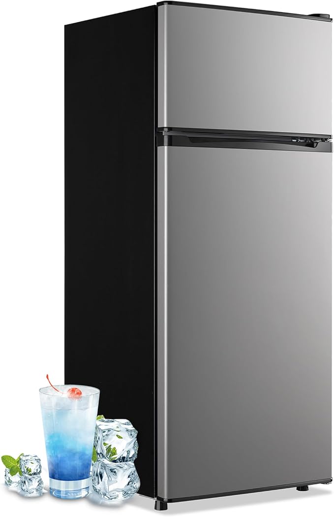 4.5 CU.FT Refrigerator Silver Two Door Fridge with 7 Temperature Settings Spacous Capacity & Ideal Size for Modern Kitchen 3 Glass Shelves & 2 Wheels for Easy Use