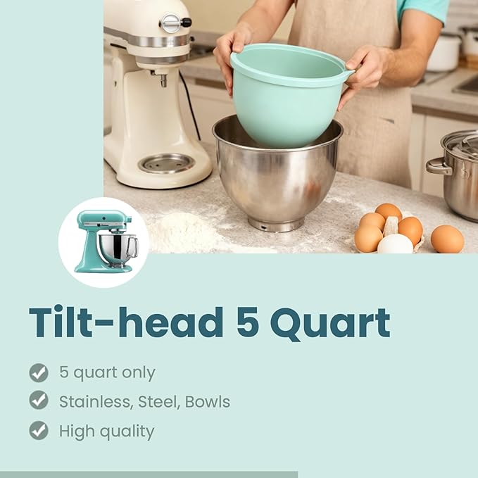 4 Pack Muticolor Silicone Bowl Liners w/Lids for Kitchenaid Tilt-Head 5 QT Stand Mixers, Practical, Durable, Food-Grade Mixer Attachments for Baking & Cooking, Not for Bowl-Lift Models