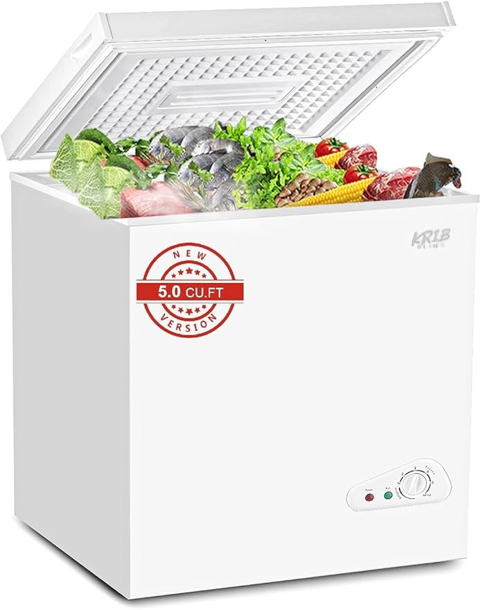 Chest Freezer 5.0 cu.ft Mini Adjustable 7 Thermostat Compact Deep Freezer Top Door Low Noise with Removable Basket White