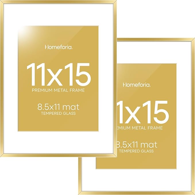 Homeforia 11x15 Picture Frame Gold, High End Metal 11x15 Poster Frames with Mat for 8.5x11, 11 x 15 Gold Frames Matted to 8.5 x 11 inch Photo, 11by15 Hanging Frames, Tempered Glass, Wall Kit, Set of 2