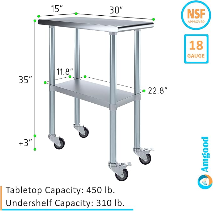 AmGood 15" Long x 30" Deep Stainless Steel Table with Casters