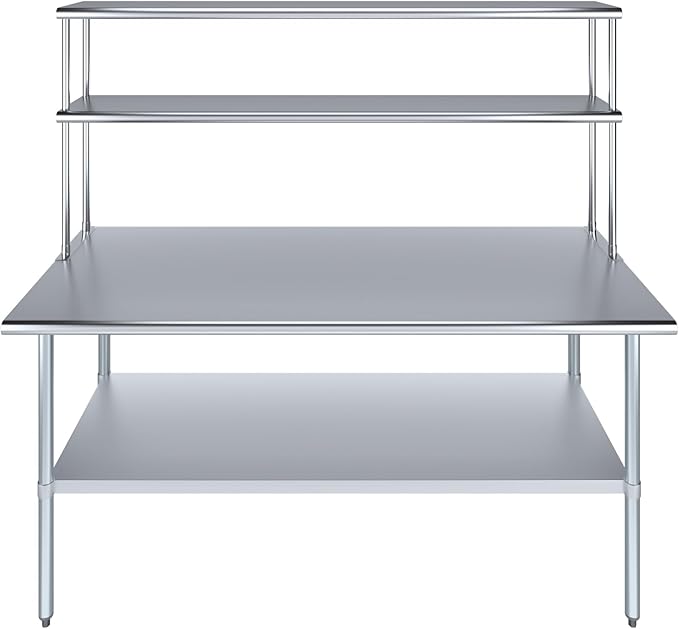 Amgood Stainless Steel Work Table Double Tier Overshelf | Metal Kitchen Prep Table & Shelving Combo (30" x 72" Work Table + 12" Overshelf)