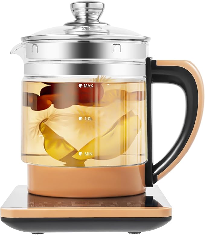 Health Pot Glass Electric Kettle for Tea & Coffee, Temperature Control Electric Kettle with Steamed Eggs Holder, 18 Smart Menu Health Pot Reservation & Timing Tea Infuser for Tea,001
