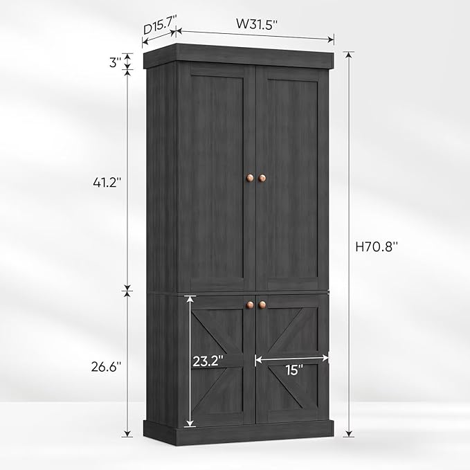 70.8" Tall Bookshelf with Doors, Farmhouse Modular Bookcase with 4-Tier Adjustable Shelves, Large Storage Cabinet for Home Office, Living Room, Black, Set of 3