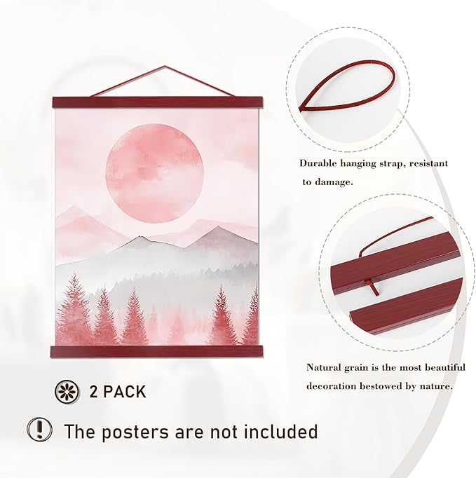 Artmag 2 Pack Magnetic Poster Hanger Frame, 20x28 20x30 20x26 Light Wood Wooden Magnet Canvas Artwork Print Dowel Poster Hangers Frames Hanging Kit (Mahogany, 20",2 Packs)