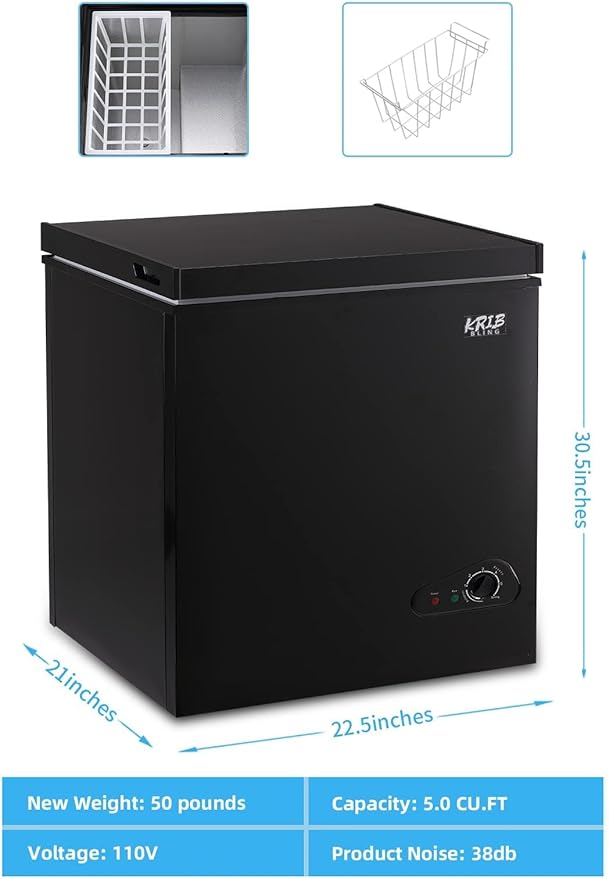 Chest Freezer 5.0 cu.ft Mini Adjustable 7 Thermostat Compact Deep Freezer Top Door Low Noise with Removable Basket Black