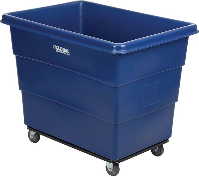 Global Industrial 16 Bushel Plastic Bulk Box Truck, Steel Chassis Base, 1000 lbs. Capacity, 4" Non-Maring Rubber Casters, Blue, 42-3/5"L x 30" W x 35-3/5"H